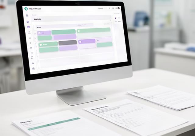 Healthcare scheduling tool displayed on a Mac beside printed clinic rota notes