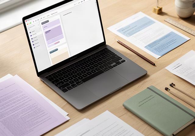 Research notes application running on a MacBook beside academic papers